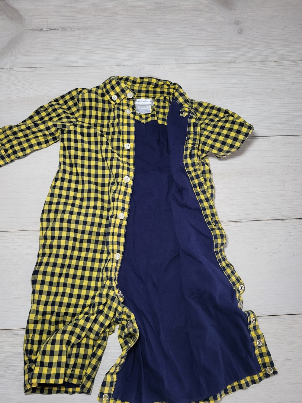 Ralph Lauren Baby Outfit Yellow Navy Gingham Collared Cotton One-Piece Preppy. - Picture 5 of 8